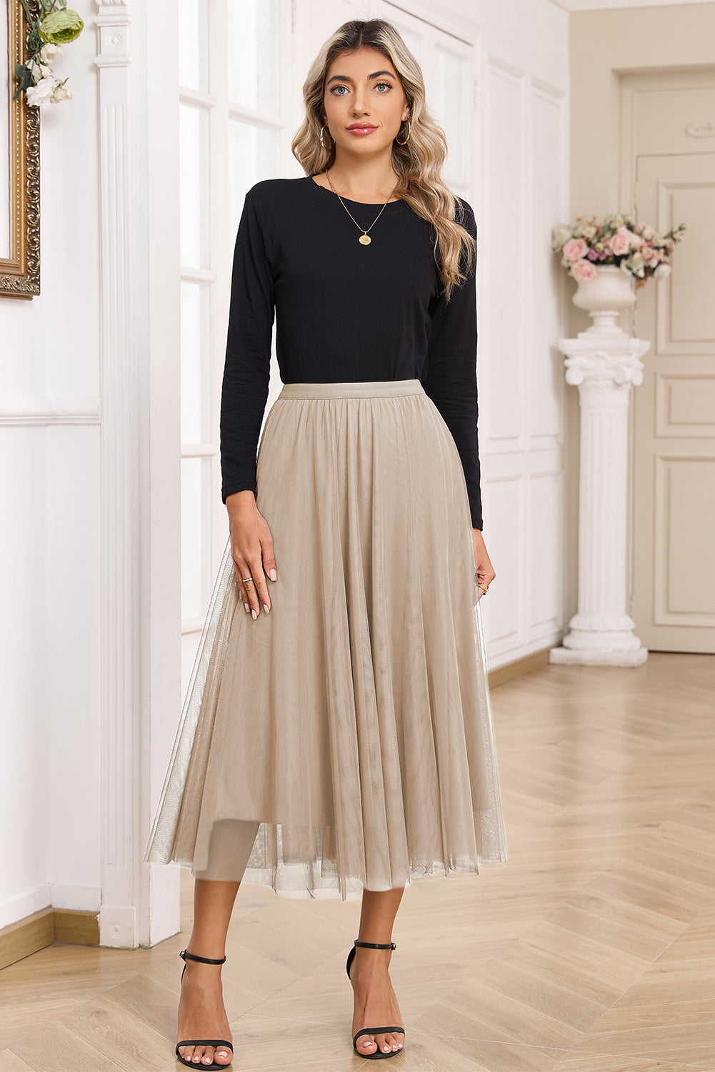 Jungle Green Tulle Mesh Overlay Flared Midi Skirt