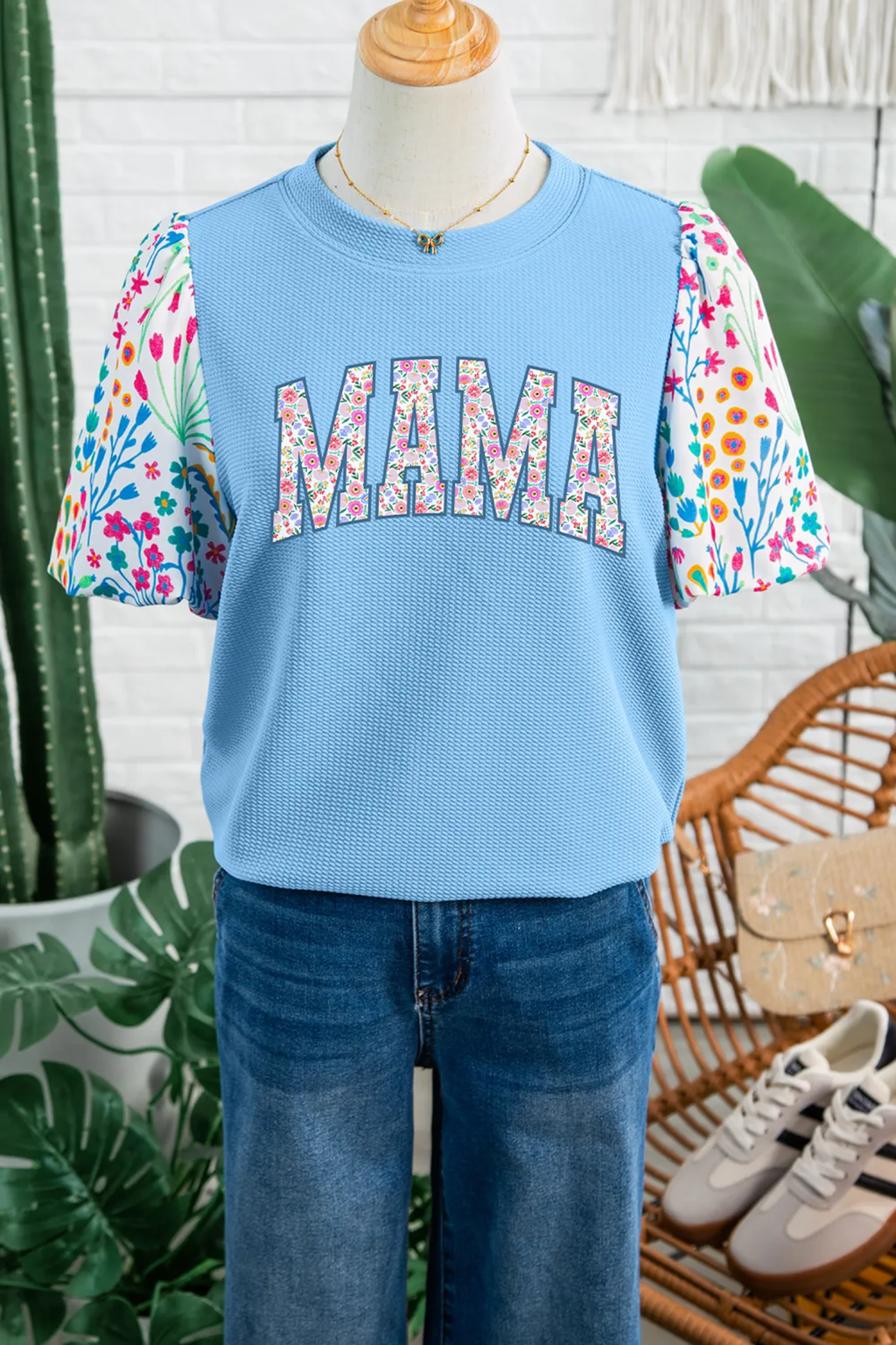 Light Blue Floral Sleeve Mama Graphic Top with Textured Knit