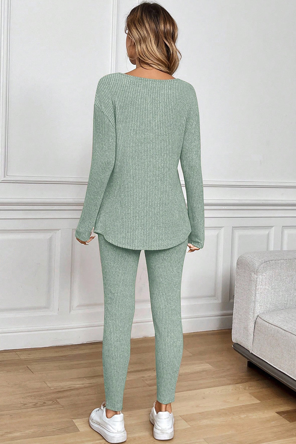 Black Ribbed Notched Neck Knit Long Sleeve Leggings Two Pieces Lounge Set
