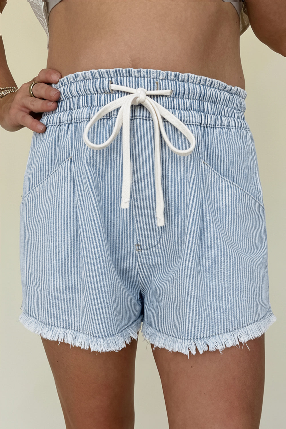 Black Stripe Raw Edge Drawstring Elastic Waist Casual Denim Shorts