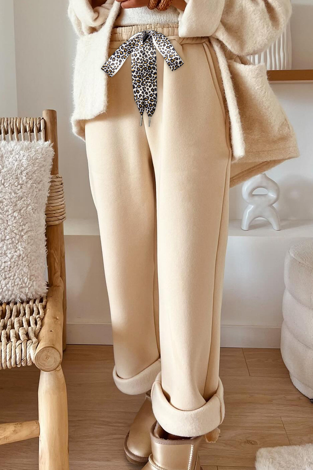 Dearlovers Coffee Fleece Lined Leopard Drawstring Elastic Waist Solid Pants