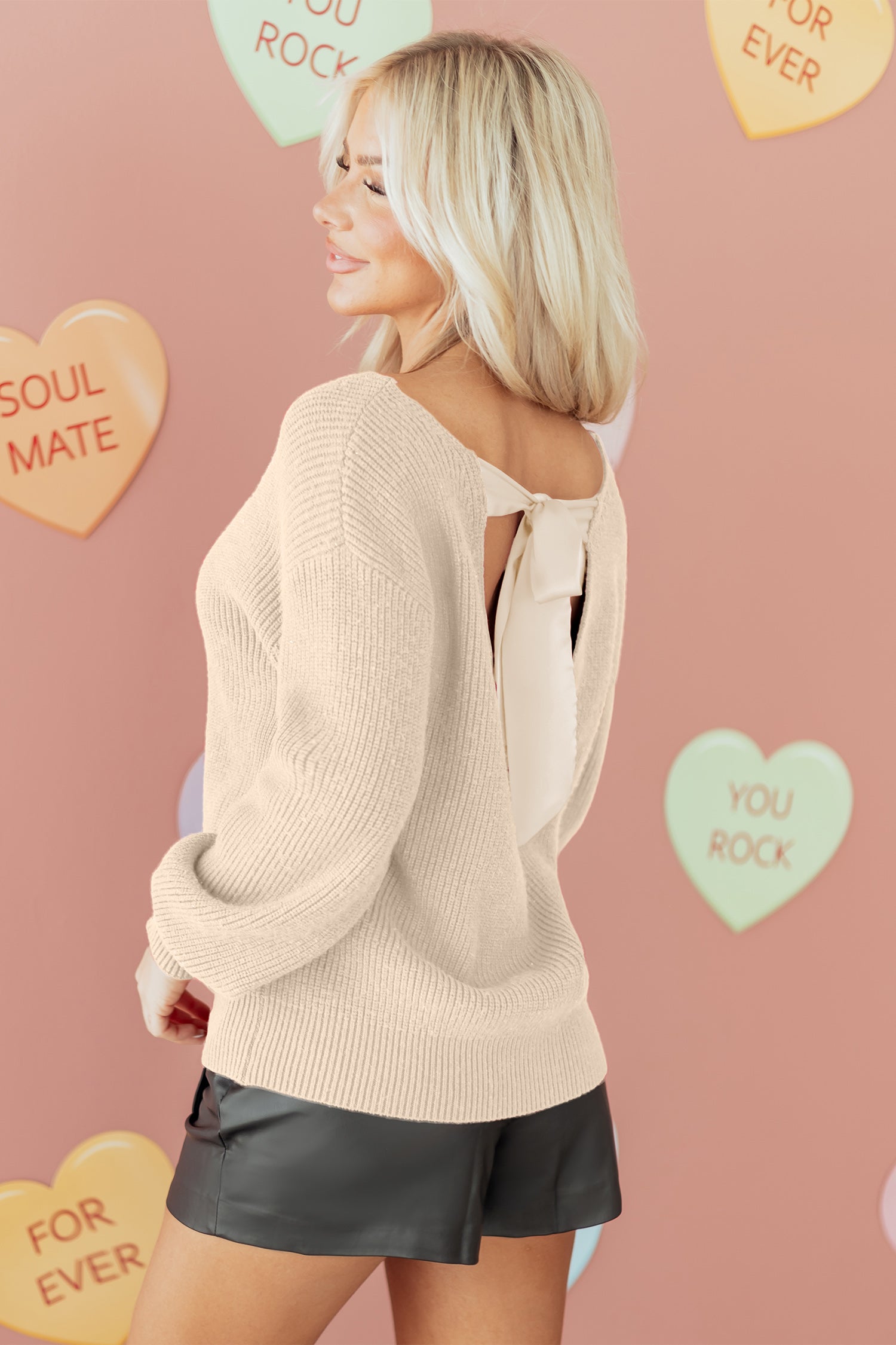 Red Dahlia Ribbed Knit Ribbon Knot Backless Drop Shoulder Sweater