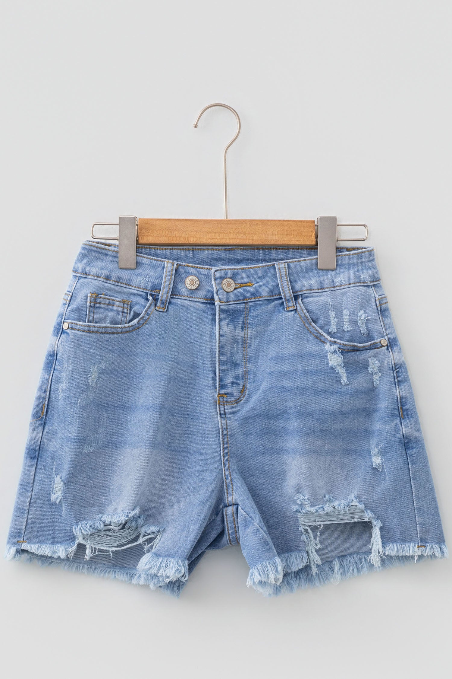 Sail Blue Asymmetric Raw Hem Distressed Whiskery Denim Shorts