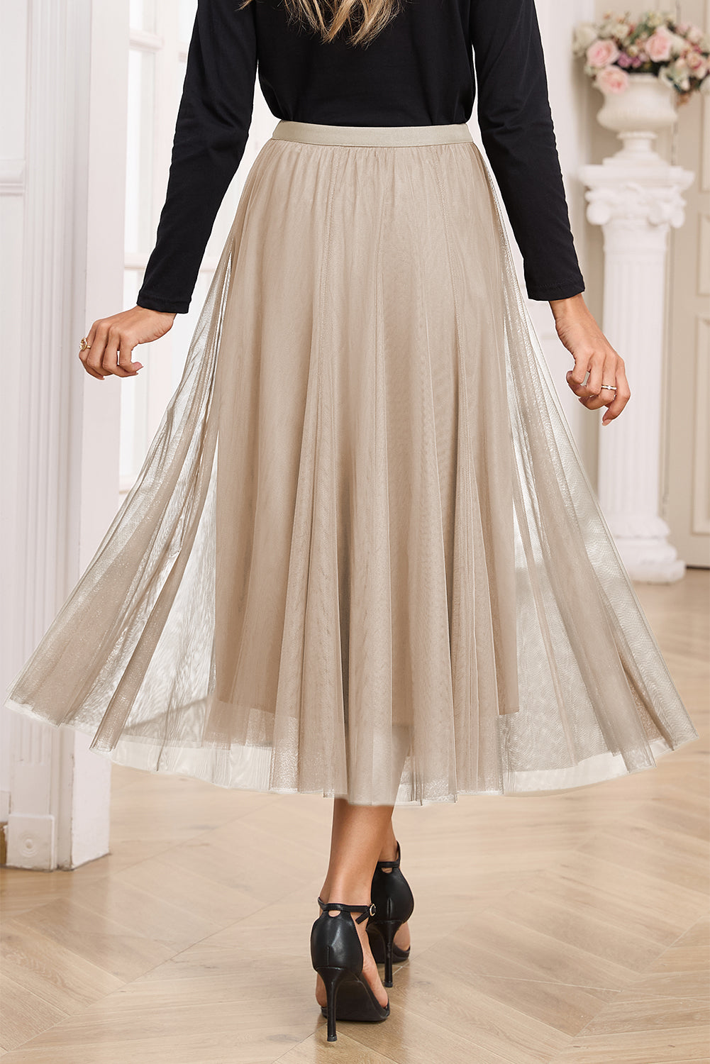 Jungle Green Tulle Mesh Overlay Flared Midi Skirt