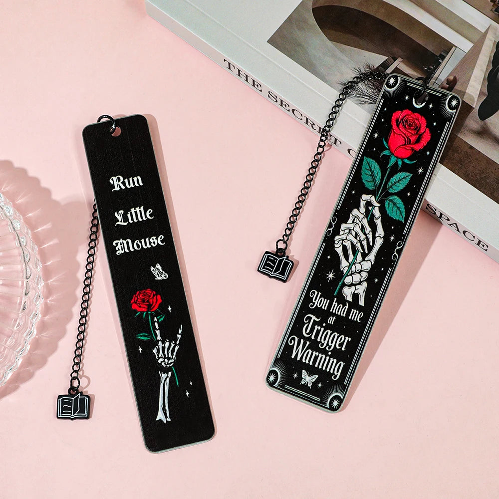 Gothic Skeleton Hand Rose Bookmarks Trigger Warning Metal Page Markers Dark Romance Reading Accessories Book Marks for Thriller