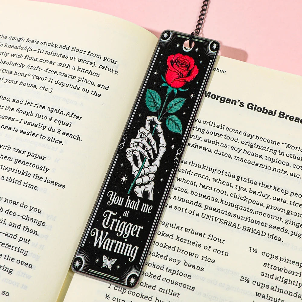 Gothic Skeleton Hand Rose Bookmarks Trigger Warning Metal Page Markers Dark Romance Reading Accessories Book Marks for Thriller