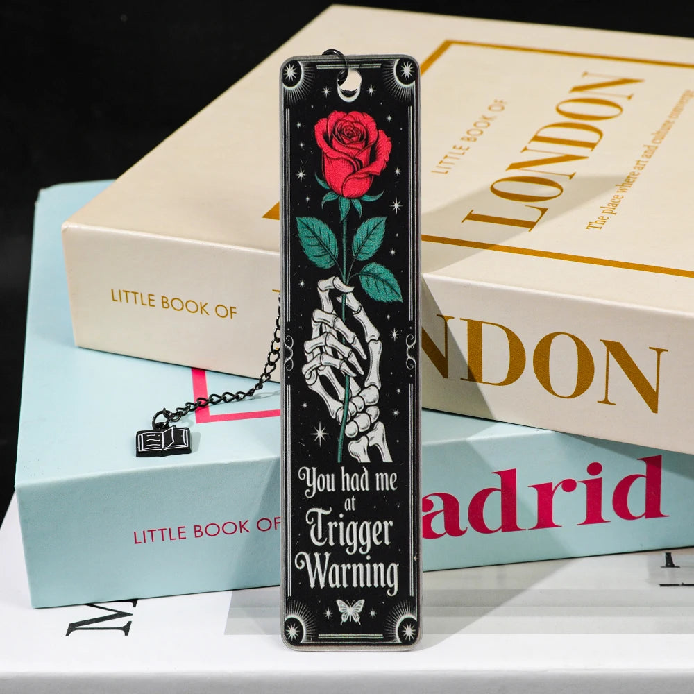 Gothic Skeleton Hand Rose Bookmarks Trigger Warning Metal Page Markers Dark Romance Reading Accessories Book Marks for Thriller