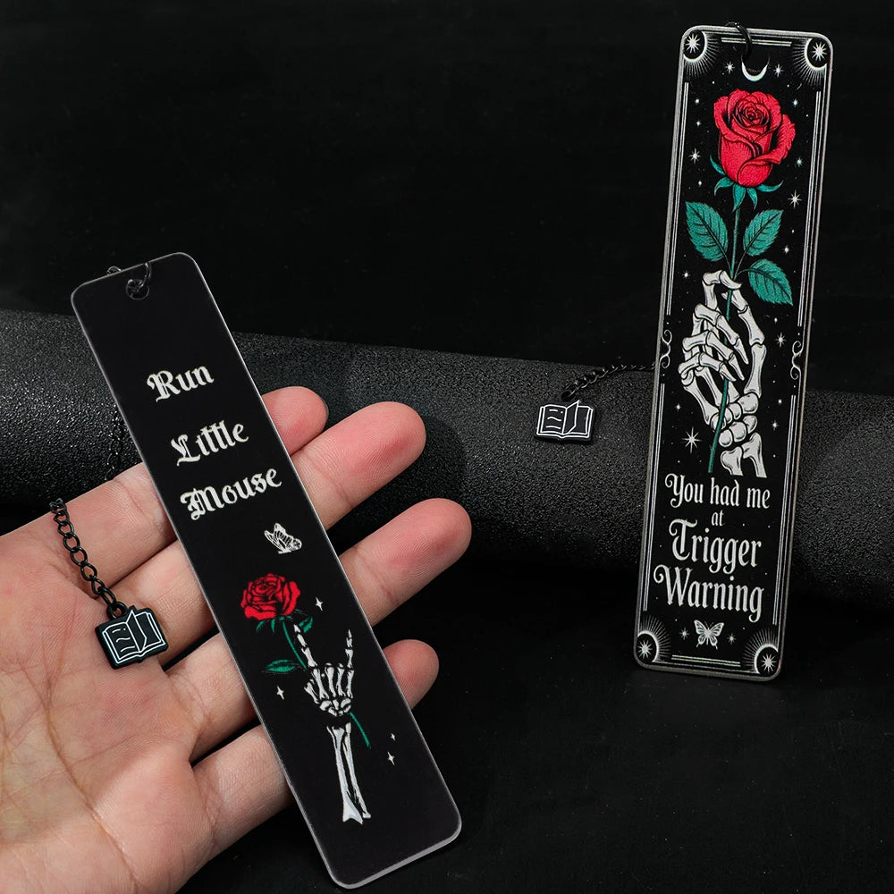 Gothic Skeleton Hand Rose Bookmarks Trigger Warning Metal Page Markers Dark Romance Reading Accessories Book Marks for Thriller