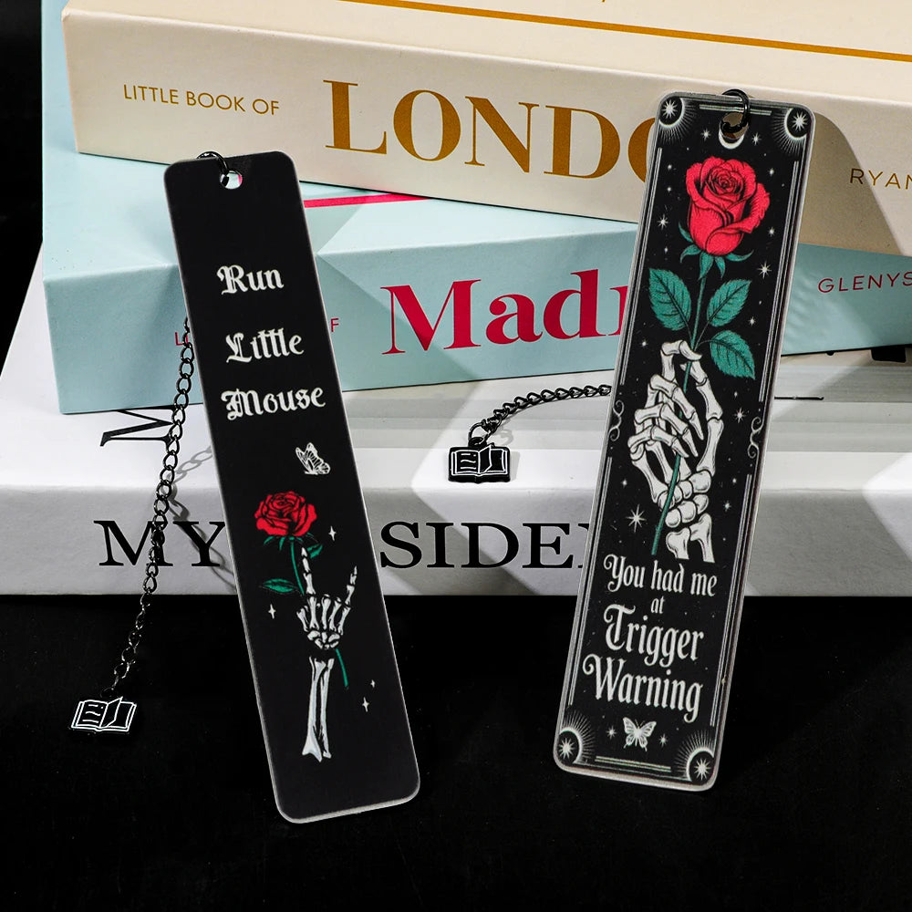 Gothic Skeleton Hand Rose Bookmarks Trigger Warning Metal Page Markers Dark Romance Reading Accessories Book Marks for Thriller