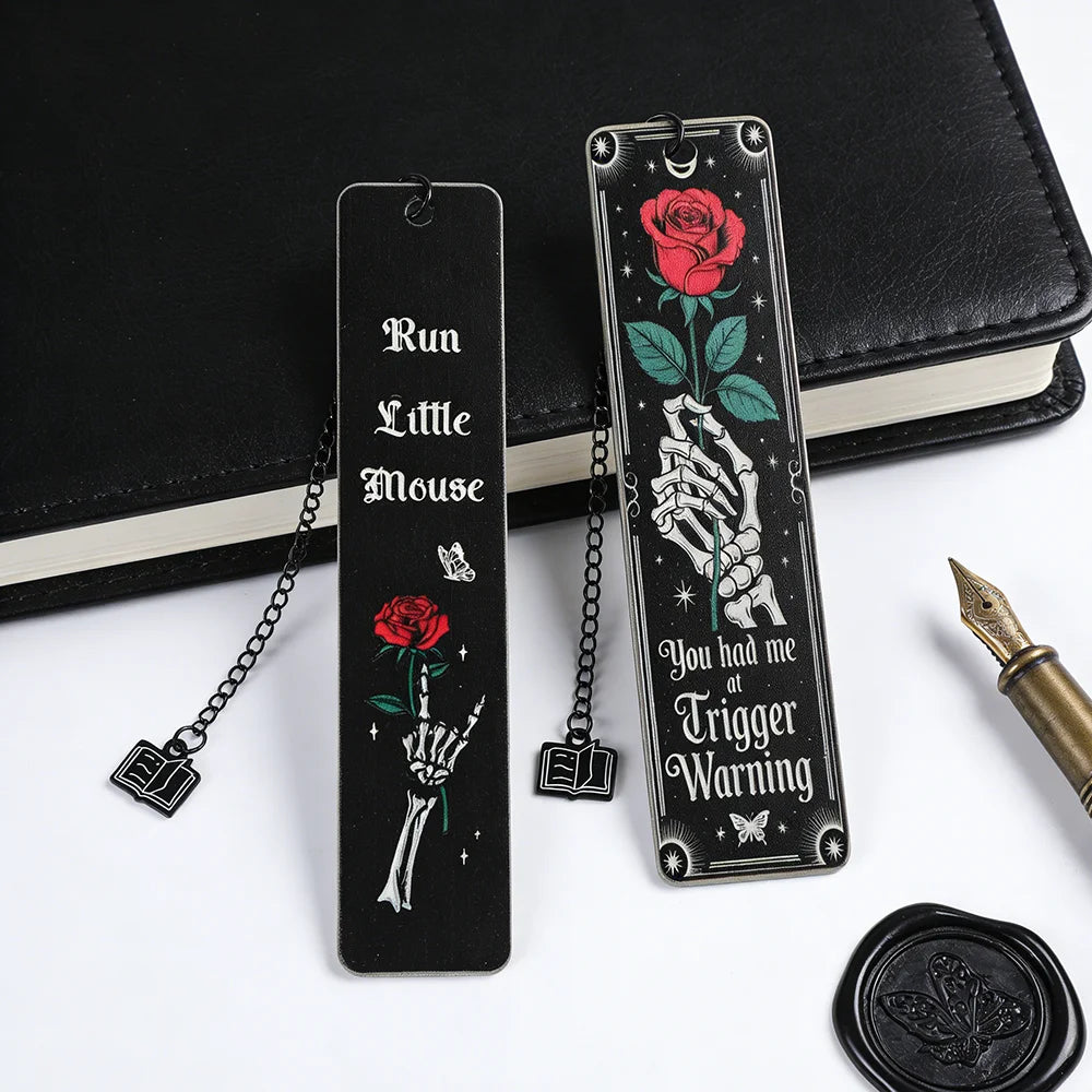 Gothic Skeleton Hand Rose Bookmarks Trigger Warning Metal Page Markers Dark Romance Reading Accessories Book Marks for Thriller