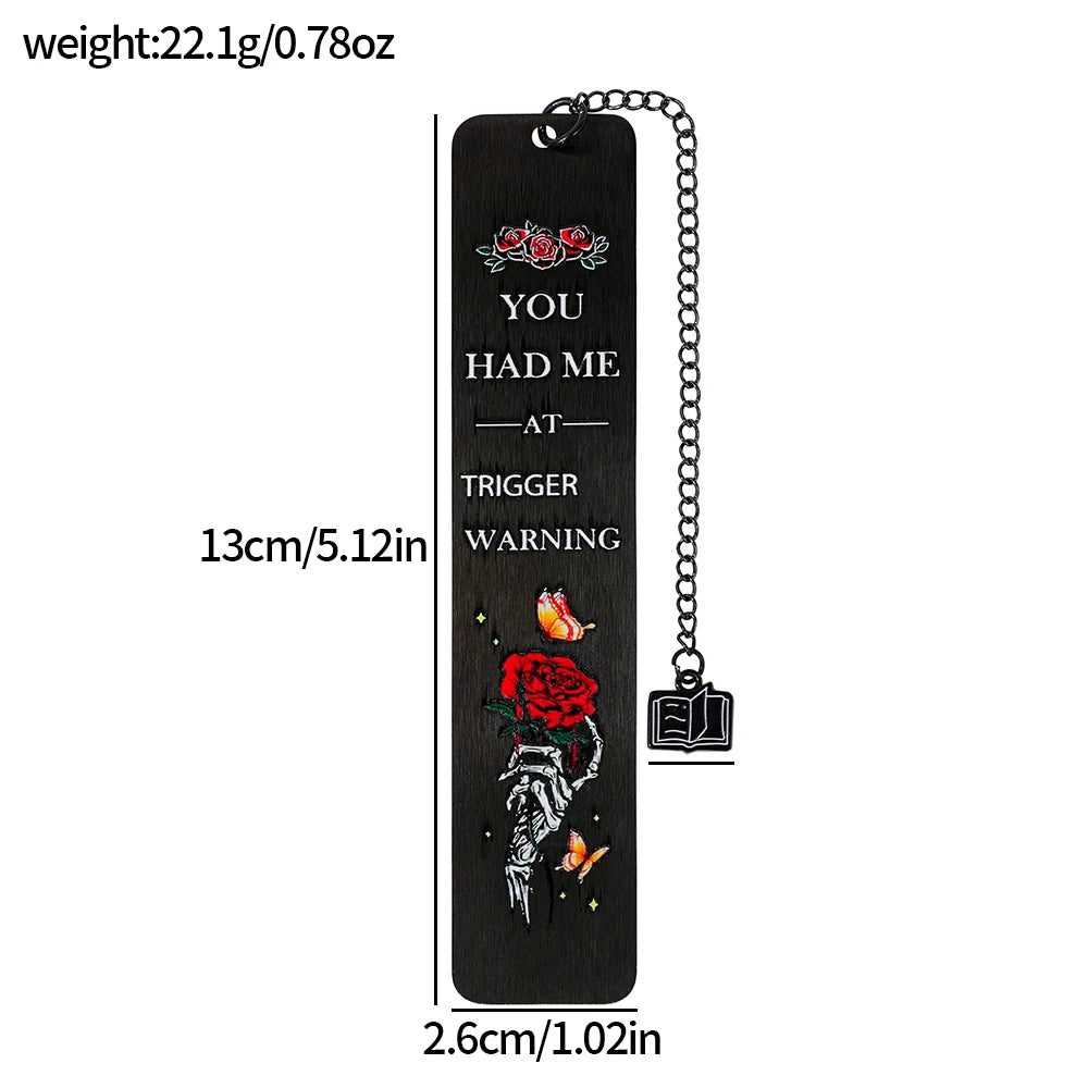 Gothic Skeleton Hand Rose Bookmarks Trigger Warning Metal Page Markers Dark Romance Reading Accessories Book Marks for Thriller