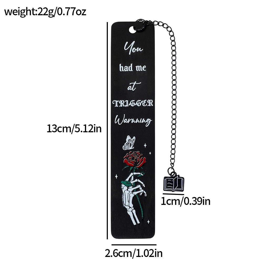 Gothic Skeleton Hand Rose Bookmarks Trigger Warning Metal Page Markers Dark Romance Reading Accessories Book Marks for Thriller