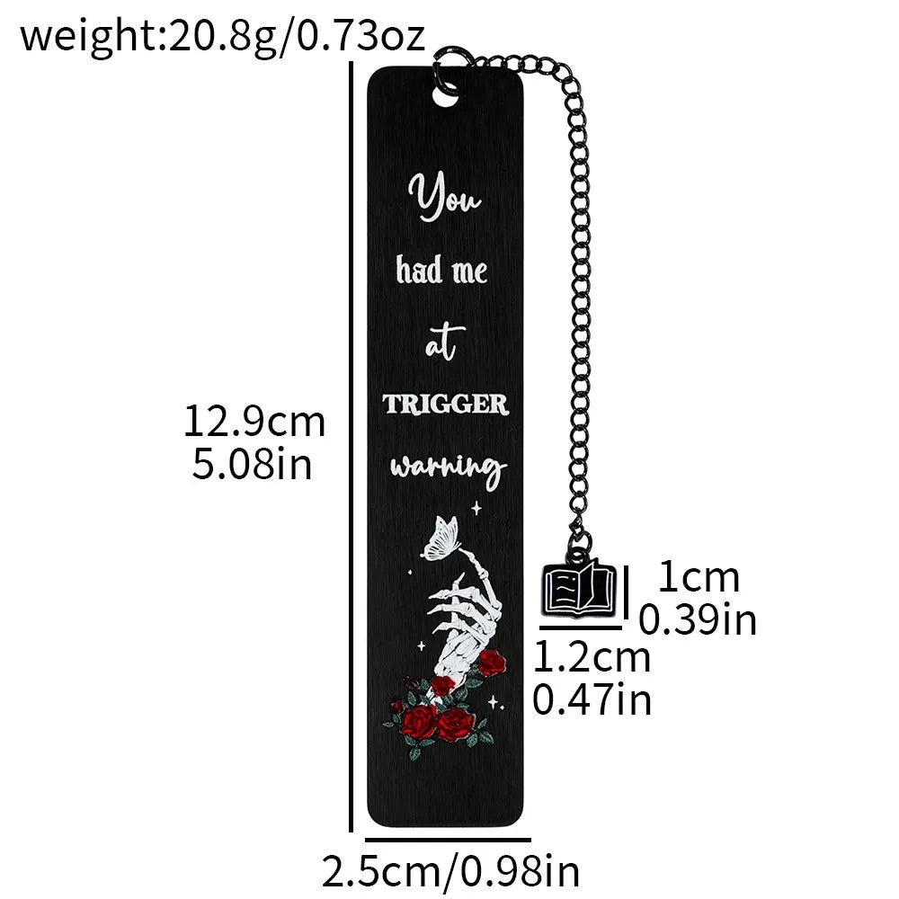 Gothic Skeleton Hand Rose Bookmarks Trigger Warning Metal Page Markers Dark Romance Reading Accessories Book Marks for Thriller