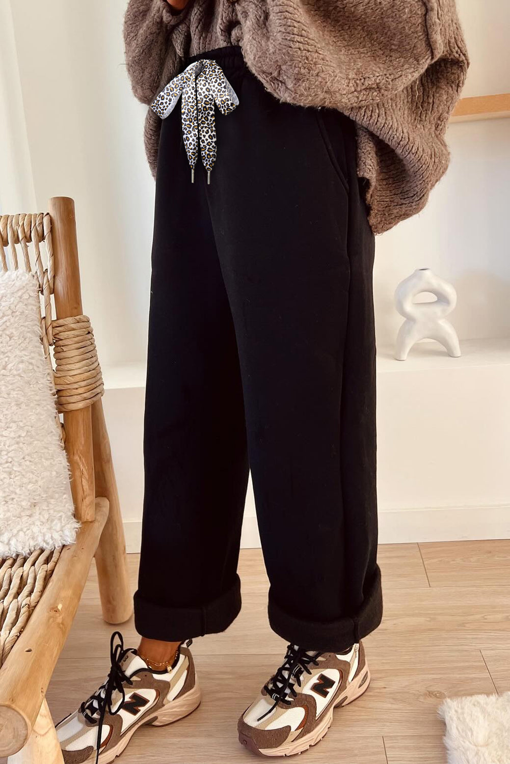 Dearlovers Coffee Fleece Lined Leopard Drawstring Elastic Waist Solid Pants