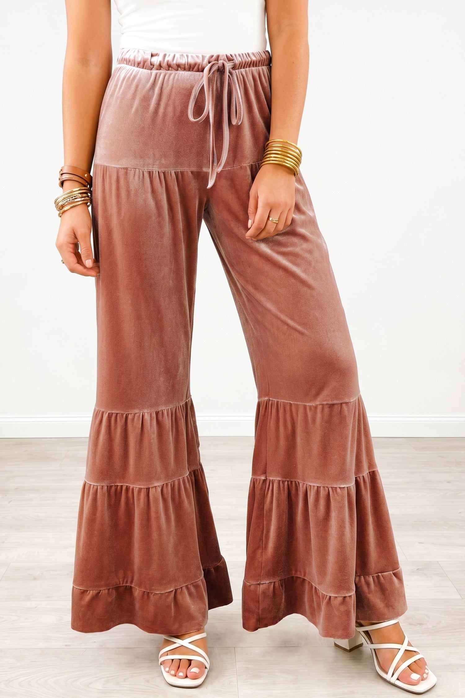Straw Yellow Mineral Wash Lace-up High Waist Tiered Bell Bottom Pants