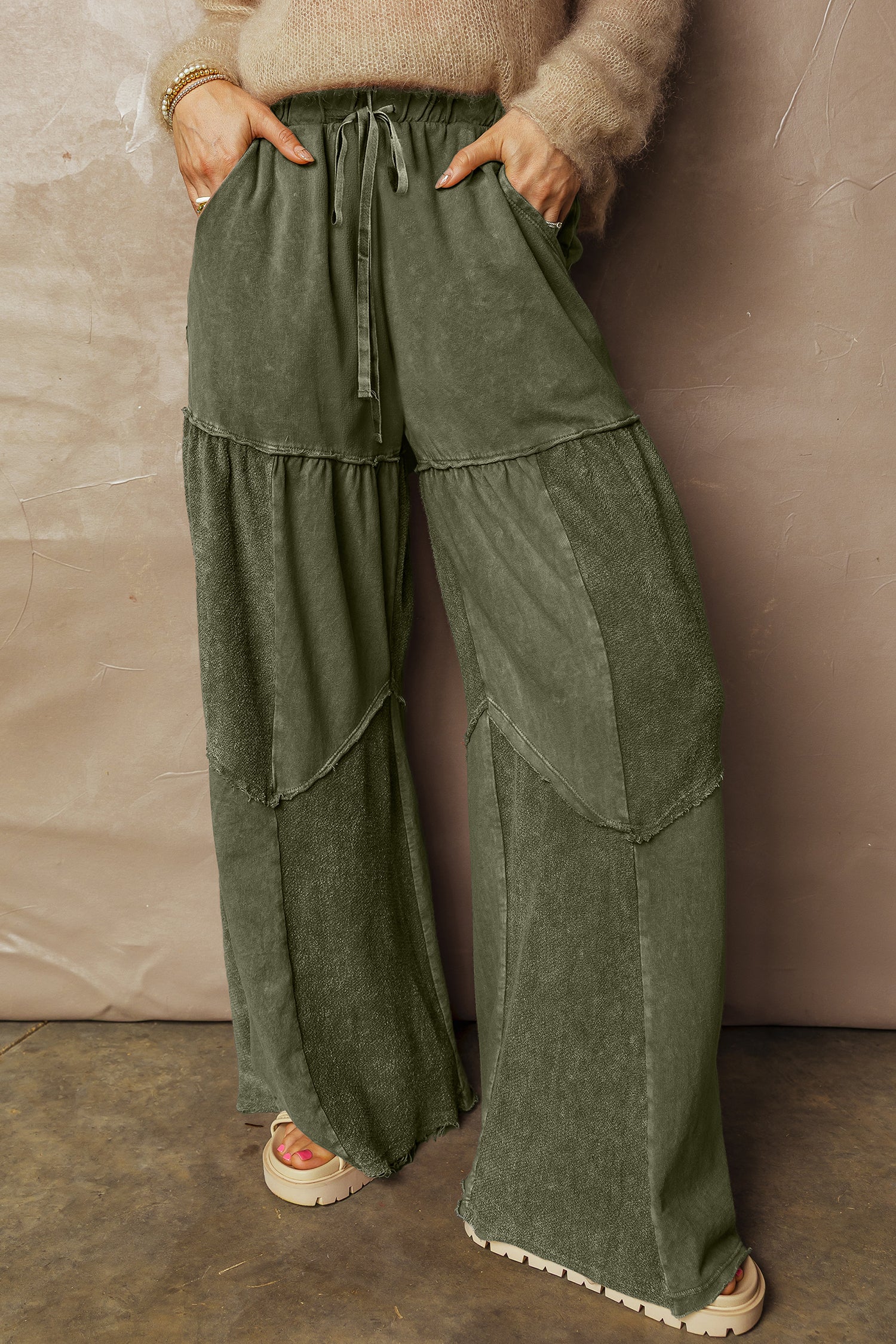 Black Mineral Wash Tiered Wide Leg Patchwork Drawstring Pants